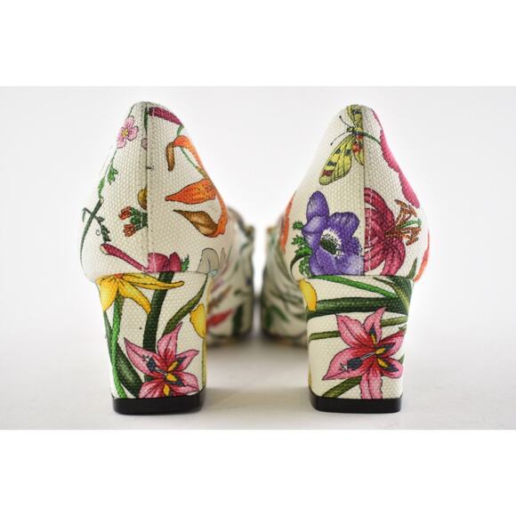 Gucci Victoire 55 White Canvas Floral Logo Block Mid Heel Mule Loafer Pump 35.5 - Picture 9 of 10